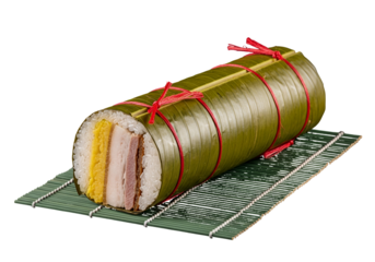 A flavorful, cylindrical rice dish, wrapped in banana leaf and bound with red string, sits on a dark green bamboo mat.