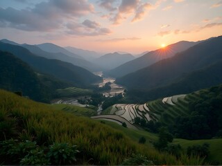 Twilight Over Rice Terraces of the mountains