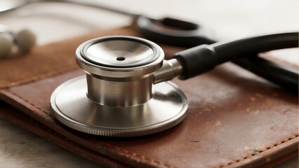 close up of a stethoscope on a table,Stethoscope on Leather Surface