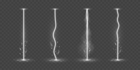 Set of vertical energy lightning bolts with soft fog and sparks effect. Realistic white electric beams for video games, VFX, futuristic or fantasy themes. Vector illustration.