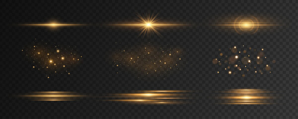 Set of golden light effects on a dark transparent background. Abstract sparkling flashes, glares bokeh and glowing particles with moving laser effect for modern design. Vector illustration.