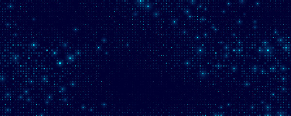 Glowing digital blue pixels for FinTech or Technology background. Abstract backdrop of glittering dots for scientific online webinar, blockchain or big data concept. Vector illustration.