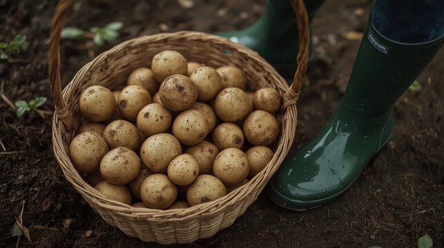 Freshly harvested organic potatoes and gardener in pair of rubber boots  - Powered by Adobe