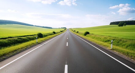 Fototapeta premium A Long Straight Road Extends Through Lush Green Fields Under A Clear Blue Sky, Evoking A Sense Of Journey And Freedom.