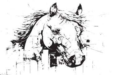 Black and White Horse Head Illustration | Abstract Grunge Horse Sketch Drawing Art Print