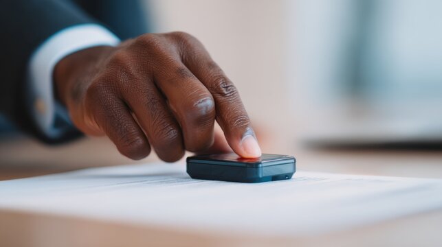African American businessman using fingerprint scanner on white paper