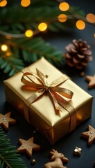 Golden gift, fir, cones, cookies, deer, lights Gold background, top view , gift, background