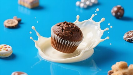 Delicious Chocolate Cupcake with Cream Splash on Colorful Background
