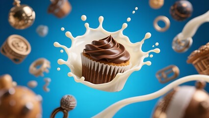 Delicious Chocolate Cupcake with Cream Splash on Colorful Background