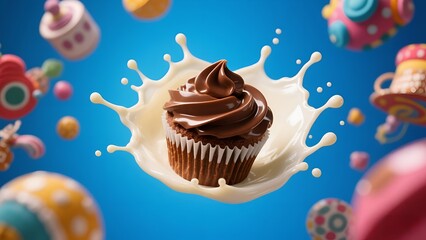 Delicious Chocolate Cupcake with Cream Splash on Colorful Background