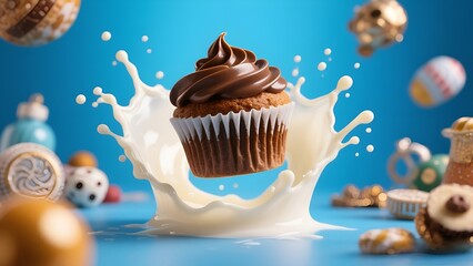 Delicious Chocolate Cupcake with Cream Splash on Colorful Background