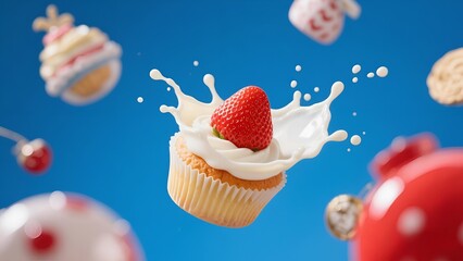 Fresh Strawberry Cupcake with Cream Splash on Blue Background