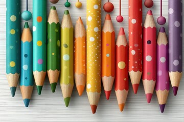 Colorful decorative pencils with fun polka dot designs arranged on a white surface