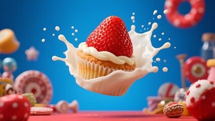 Fresh Strawberry Cupcake with Cream Splash on Blue Background