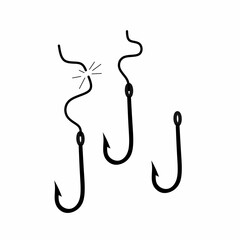 Vector illustration of a fishing hook in three different shapes on a white background. Concept of a sea fish trap with bait.