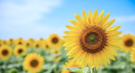 A Bright Yellow Sunflower Blooms Magnificently In A Vast Field Under A Clear Blue Sky, Capturing The Essence Of Summer.