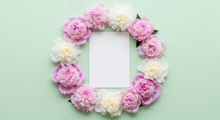 Pink and White Peony Floral Wreath with Blank Photo Frame on Pastel Green Background