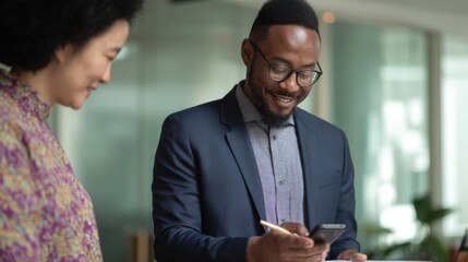 Two smiling business colleagues looking at smartphone