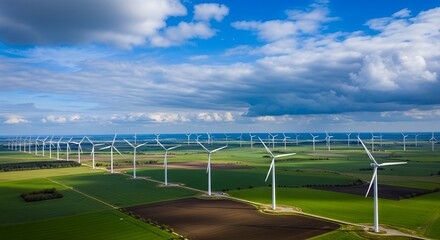 Fototapeta premium Wind Turbines in Green Field Under Blue Sky with Clouds