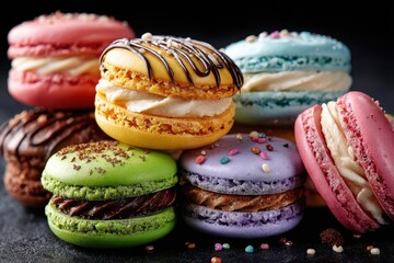 Fototapeta premium Colorful macarons arranged artfully on a dark surface with decorative toppings