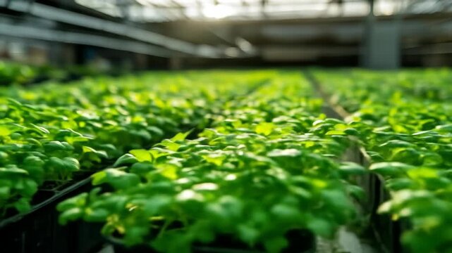 Rows of Lush Green Basil Seedlings in a Greenhouse