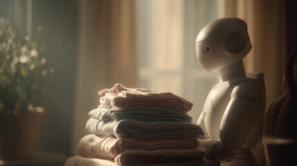 White humanoid robot folding clean clothes at home