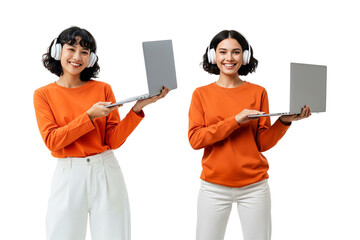 young women with laptop and headphone isolatate on white