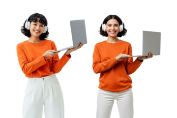 young women with laptop and headphone isolatate on white