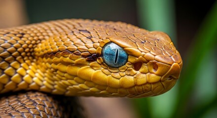 Fototapeta premium Close-up view of a venomous snake's head, showcasing intricate scales and piercing blue eyes.