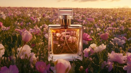 Amber perfume bottle in a field of wildflowers at sunset.  A golden amber rectangular perfume bottle stands in a sea of pink and white flowers.  Soft light bathes the scene