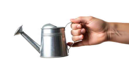 a hand presents a galvanized watering can cultivating growth, nurturing life, isolated on transparent background