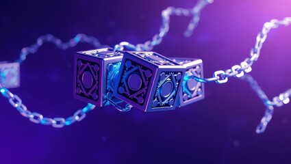 A close up of decorative cube shaped metal beads connected by a chain on a purple background
