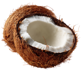 A halved coconut, showcasing the fibrous husk and the white, fleshy interior