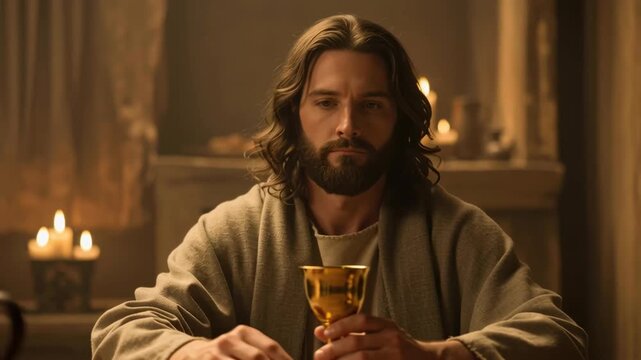 Man, Jesus, performing the biblical Last Supper with bread as the body and wine as the blood, religious and spiritual concept footage.