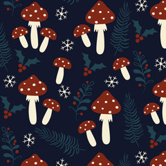Cottagecore Christmas Pattern with Mushrooms, Holly, and Enchanted Winter Forest