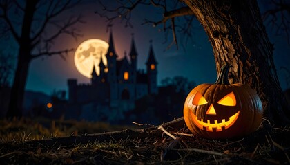 Fototapeta premium Glowing Jack-o'-lantern sits beneath a tree with a spooky castle silhouetted against a full moon in the background, creating a Halloween scene.