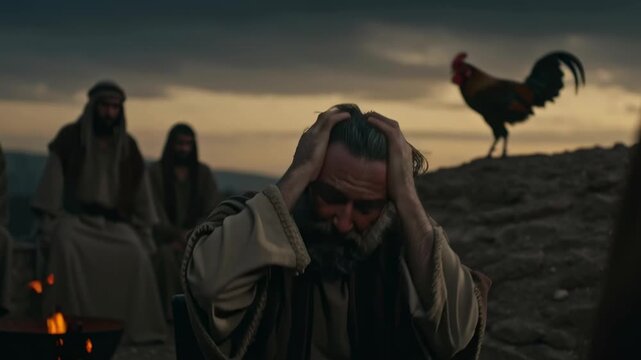 A man with a beard, representing the Apostle Peter, denies Jesus Christ, with a rooster on a hill symbolizing prediction, religious story footage.