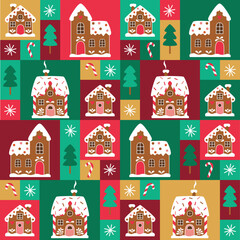 Geometric Bauhaus Christmas Pattern with Gingerbread Houses and Modern Holiday Icons