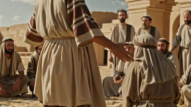 A man dressed in biblical attire speaks to a group of men, conveying an important message or lesson, footage.