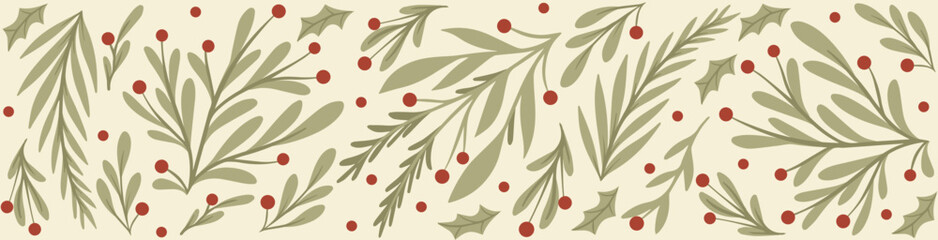 Elegant Christmas Banner with Green Foliage and Red Berries on Beige Background