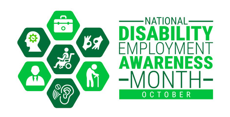 National Disability Employment Awareness Month background, banner, card or poster design template is observed every year during October, to raise awareness about the mission. Vector illustration.