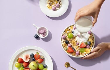 Vegetables and fruits Images of healthy food, rich in vitamins , Delicious and Healthy Breakfast Bowl with Milk, Granola, and Fresh Fruit