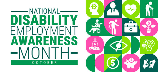 National Disability Employment Awareness Month Geometric shape pattern background, banner, card or poster design template is observed every year during October, to raise awareness about the mission.