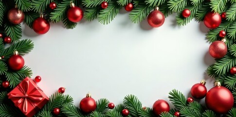 Elegant Xmas frame of greenery, presents, baubles , bow, sparkle