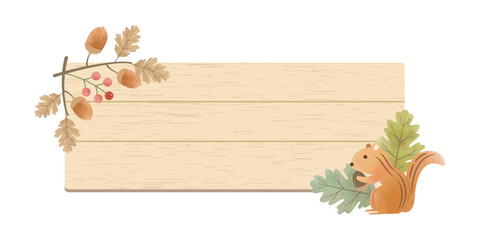 Natural Wood Board Frame with Acorns and Squirrel – Autumn Illustration