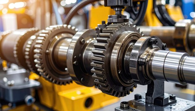 Gear machine metal industry shaft engineering manufacturing factory mechanical equipment highlights precision heavy steel tools essential for automated production processes in modern factories