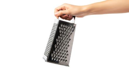 a hand presents a stainless steel grater culinary tool, zest for life, kitchen essentials, isolated on transparent background