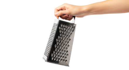 a hand presents a stainless steel grater culinary tool, zest for life, kitchen essentials, isolated on transparent background