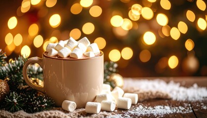 Mug of hot chocolate filled with marshmallows surrounded by Christmas decorations and bokeh lights festive