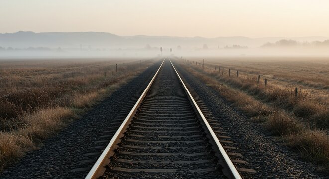 Railway track extending into misty field at sunrise travel transportation journey concept